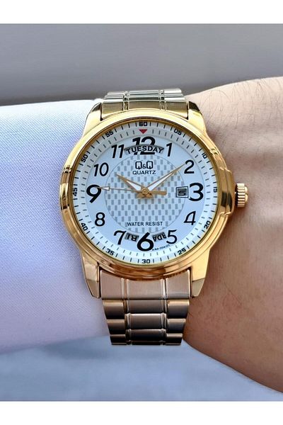 Q&Q Men's Gold Yellow Round Bezel Detail White Dial Calendar Day Analog Watch