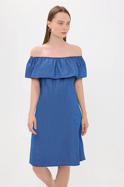 Hiccup Rochie midi drapată cu umăr dezactivat din denim