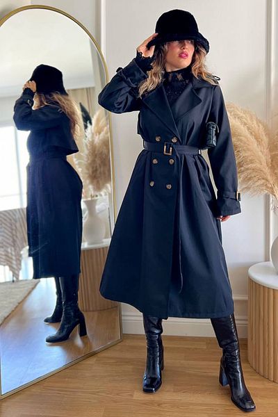 AYASOFYA OTANTIK Black Double-Breasted Collar Women's Trench Jacket
