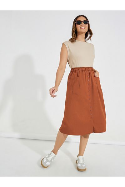 Styli Linen Look Elastic Waistband Midi Skirt