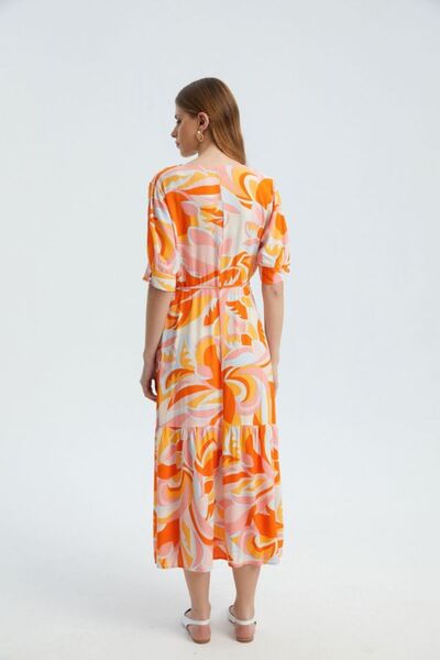 Hiccup Yan Yırtmaçlı, Özet Desenli Surplice Yakalı Kısa Kollu Maxi Elbise