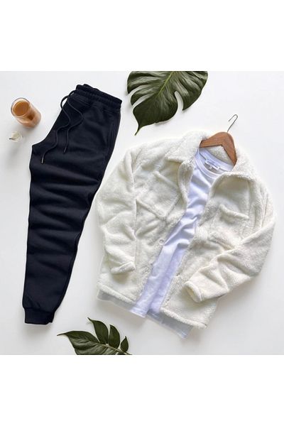 Fifty Color Unisex βελούδινο λευκό μπουφάν και μαύρη φούτερ συνδυασμένο κάτω μέρος