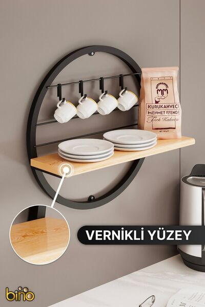 Bino Mutfak Rafı Duvar Rafı Çember Raf Dekoratif %100 Doğal Ahşap Ev Dekorasyon Masif Ahşap Terek