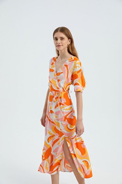 Hiccup Yan Yırtmaçlı, Özet Desenli Surplice Yakalı Kısa Kollu Maxi Elbise