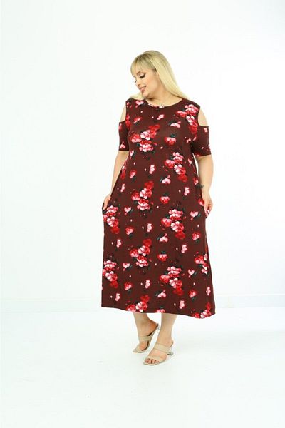 garajmood Rochie de damă bordeaux cu imprimeu cu flori mari, cu detaliu pe umeri, mărime mare