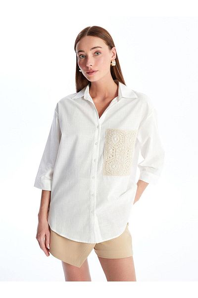 LC Waikiki Cămașă oversize pentru femei LCWAIKIKI Classic Buxe, albă, cu detaliu croșetat