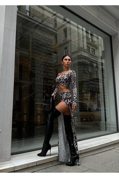 Miss Micro Fabric Leopard Print Slit Double Set