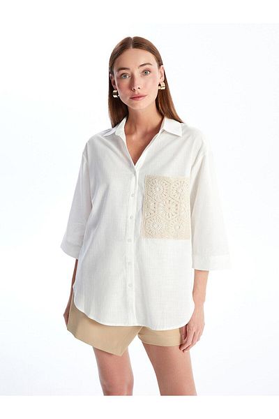 LC Waikiki Cămașă oversize pentru femei LCWAIKIKI Classic Buxe, albă, cu detaliu croșetat