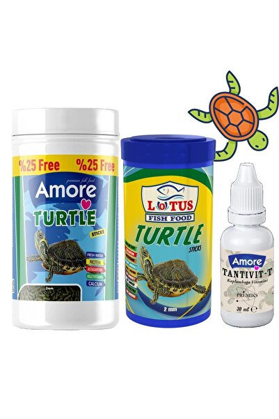 AMORE Turtle Green Sticks 125 Ml + Lotus 100 Ml Su Kaplumbağası Yemi Ve Vitamin Seti