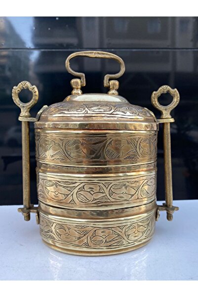 LüksAksesuar Eski Sarı Bakır Sefer Tası İşlemeli Sarı pirinç