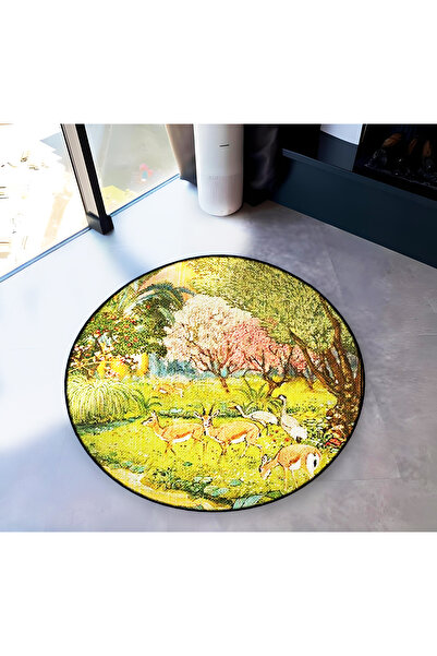 Rugs Modern Halı الأخضر موضوع الغزلان والغابات نمط جولة المنسوجة قاعدة خمر ال...