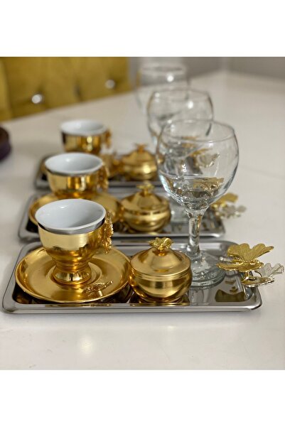 Elzemm store صينية شاي مستطيلة من الفولاذ متوسطة الحجم مكونة من 6 قطع مع فراشة مقاس 13*24 سم