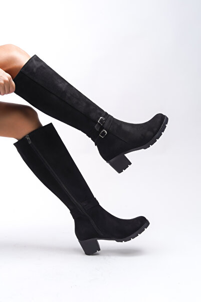 Riccon Dámské boty na podpatku Černé semišové Zauhilde s přezkou - 0012746