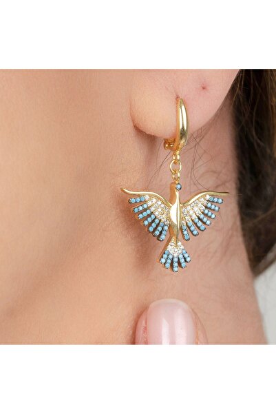 Kayra Mücevher Anka Kuşu Mavi Taşlı Altın Kaplama Küpe