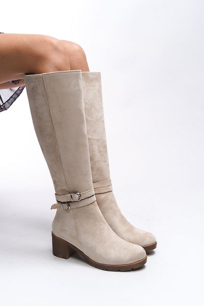 Riccon Beige Wildleder-Zauhilde-Damenstiefel mit Absatz – Schnallendetail 0012746