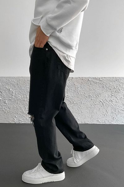 NO61 MAN Baggy Knee Ripped Model Black Grinded Loose Fit Jeans