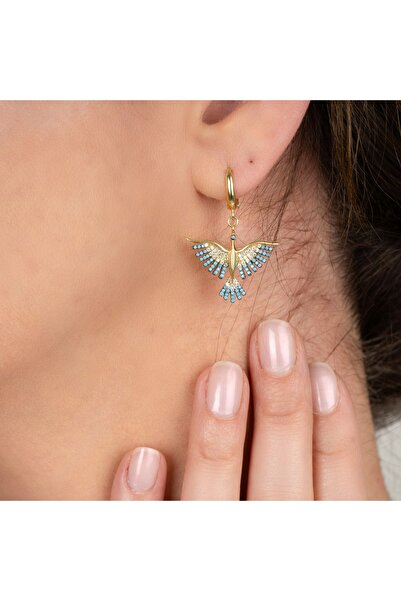 Kayra Mücevher Anka Kuşu Mavi Taşlı Altın Kaplama Küpe