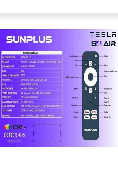 sunplus Tesla S 4 AIR Android TV Box 4GB RAM -32GB Memory Android 12 TV Box -4K 3840*2160P WI-FI 6