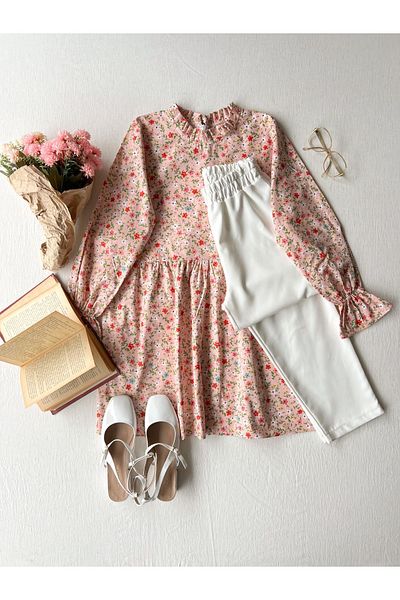 KÜÇÜĞÜM BUTİK Mini tunică din poplin florală pudră cu guler cu volane