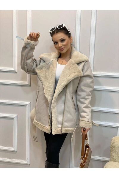 mondebutik معطف حريري ناعم من الفرو بالكامل مع حزام خصر من جلد الغزال