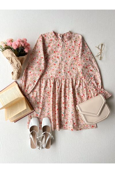 KÜÇÜĞÜM BUTİK Mini tunică din poplin florală pudră cu guler cu volane