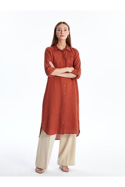 LC Waikiki Lcwaikiki Classic - Burnt Orange Oversize Linen Women's Tunic Shirt