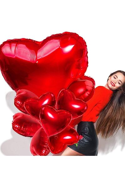 Parti Furyası Red Large Foil Balloons - 2 Pieces 24 Inches, 10 Pieces 18 Inches 14 February Valentine's Day Love Balloons