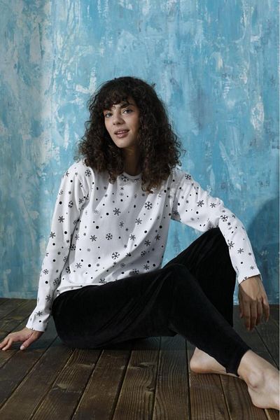 Olivia Long Sleeve Interlock Fabric Bottom Velvet Long Wide Leg Snowflake Model Pajamas Set