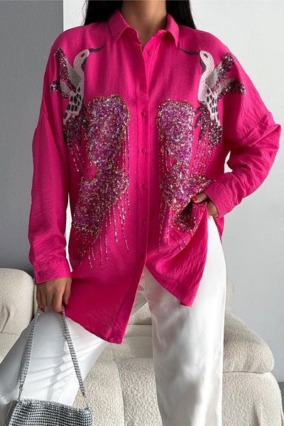 FURKAN EXCLUSIVE Fuchsia Women's Oversize Shirt - Bird Pattern and Sequin Embroidered