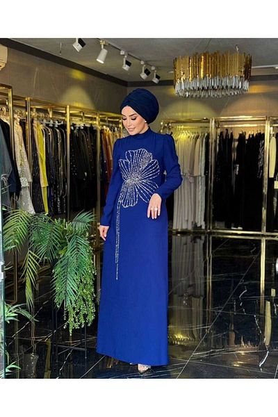 MODA VEDAT Stone Detailed Flower Patterned Evening Dress