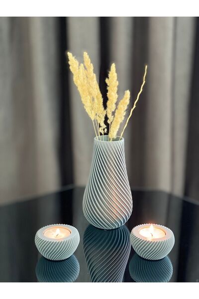 ASRIN Ev Teknolojileri Spiral Modern Vazo Ve Spiral Mumluk 3'Lü Set