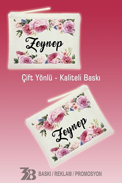 3B BASKI REKLAM PROMOSYON KİŞİYE ÖZEL İSİMLİ KETEN EL ÇANTASI/MAKYAJ ÇANTASI