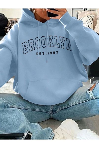 Boi Hanorac cu glugă oversize unisex cu imprimeu Brooklyn 1997 - negru bej albastru