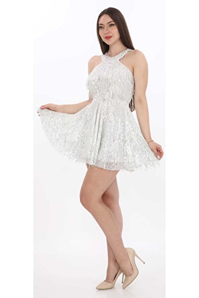 hilaltrendd Saçaklı pulpayet işlemeli büzgülü mini elbise