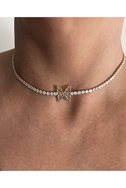 tones official Altın Kaplama Taşlı Choker Mor Kelebekli Su Yolu Choker Kolye
