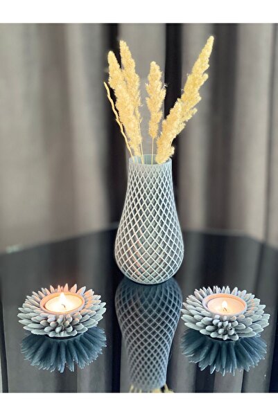 ASRIN Ev Teknolojileri Kare Desenli Vazo Ve Kozalak Mumluk 3'lü Set