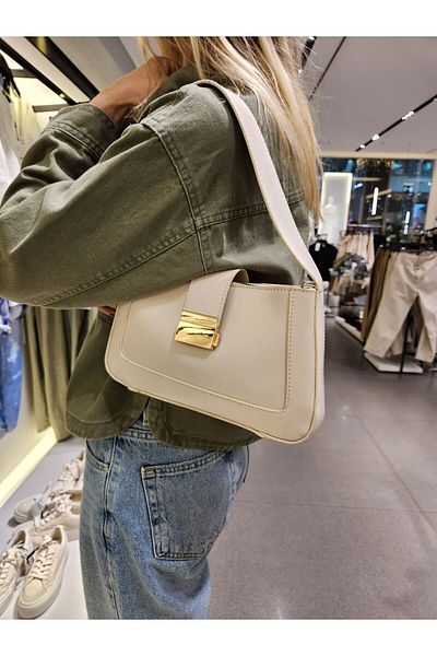 Mercan Stores Women's Cream Short Strap Baguette Hand and Shoulder Bag with Buckle Detail