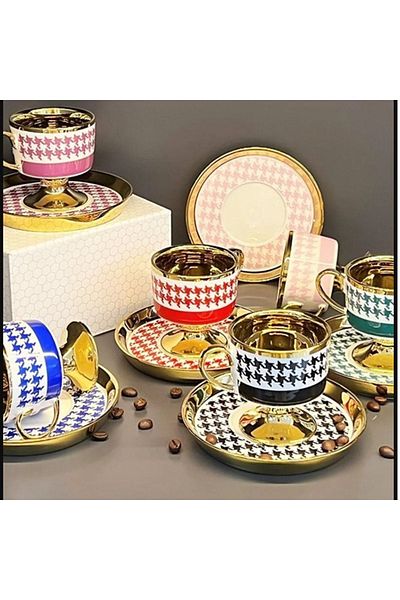 Kosova Colorful Houndstooth Patterned Coffee Set for 6 People