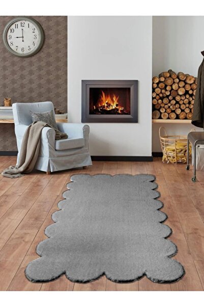Balat Halı Lazer Kesim Peluş Uzun Tüylü Yolluk Halı Koyu Gri