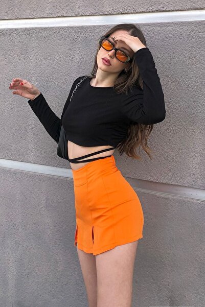 VAGGON Жіноча помаранчева міні-спідниця з розрізом з детальним сортуванням SMDX5966