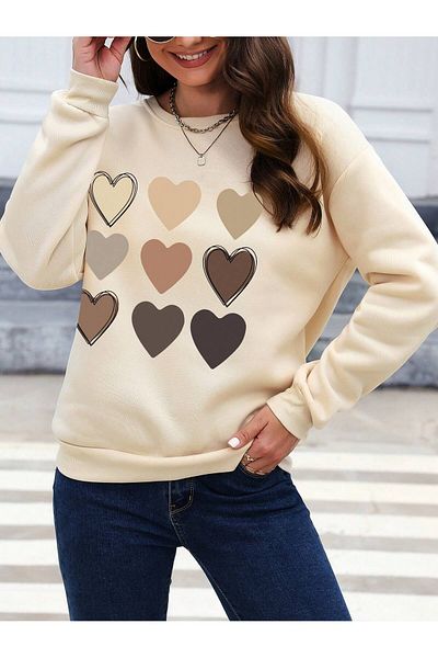 MODARİCH Hanorac oversize bej - Design cu mai multe inimi, decolteu ridicat