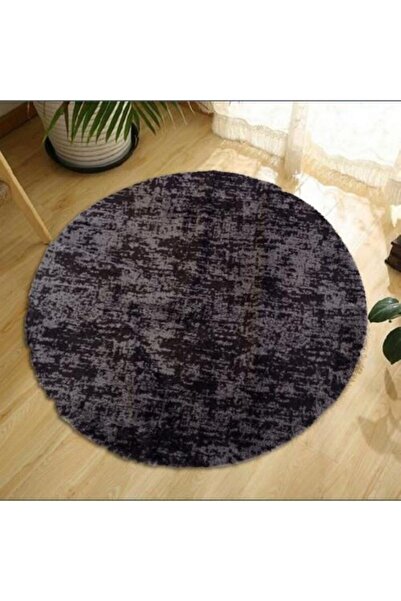 Balat Halı Dekoratif Desenli Koyu Gri Peluş Yuvarlak-oval Halı