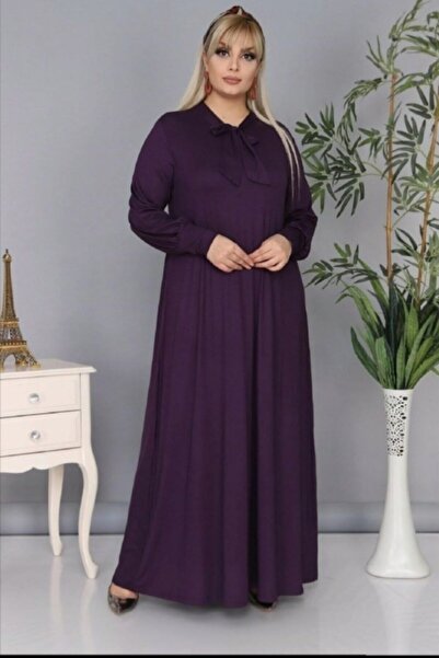 Hazinedan Kadın Büyük Beden Kravat Yaka Salaş Uzun Mürdüm Elbise