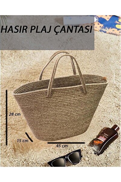 b besely Hasır Jüt Plaj Çantası 28x15x45 Yıkanabilir Çok Amaçlı Çanta