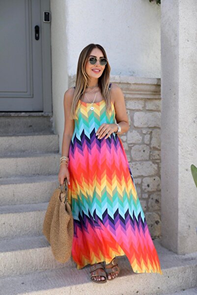 SARI فستان نسائي طويل ملون بأشرطة قابلة للتعديل وطبعة متعرجة