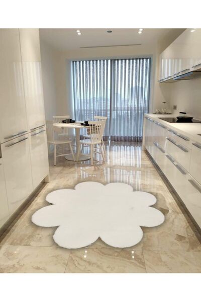 Balat Halı Dekoratif Beyaz Peluş Yumuşak Papatya Halı