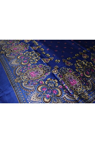 TikiTonki Etnik Çiçek Desenli Saten Lacivert Eşarp - 90x90