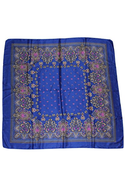TikiTonki Etnik Çiçek Desenli Saten Lacivert Eşarp - 90x90