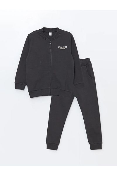 LC Waikiki Set de cardigan și pantaloni de trening cu imprimeu antracit pentru bebeluși LCW - Set de 2