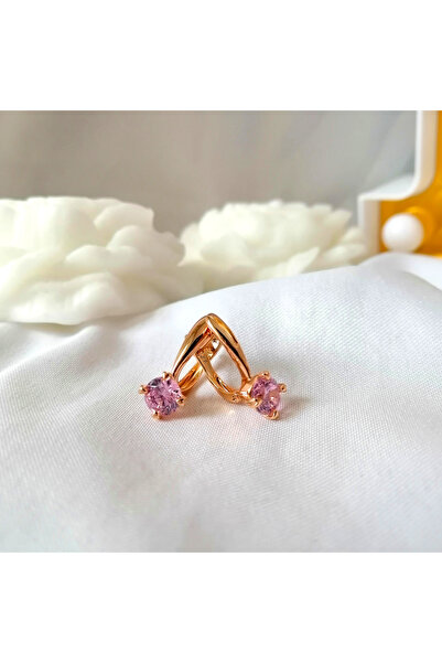 Butik Kadın Vip Çelik Gold Mavi-Pembe Taş Detay Küpe 25mm